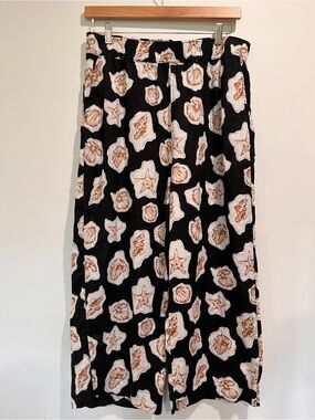 100% Linen Cropped Wide Leg Pants Shell & Starfish Print Size XL Resortwear